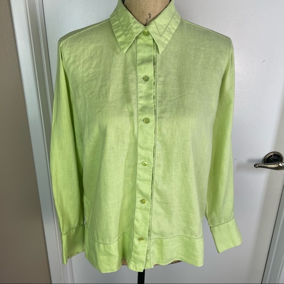 Sigrid Olsen Sport Women 8 Petite Dress Shirt Top Green Button Up Linen Blend - Picture 2 of 14